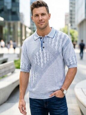 CALDWELL Men's Vintage Henley Cotton Short Sleeved Collared Sweater